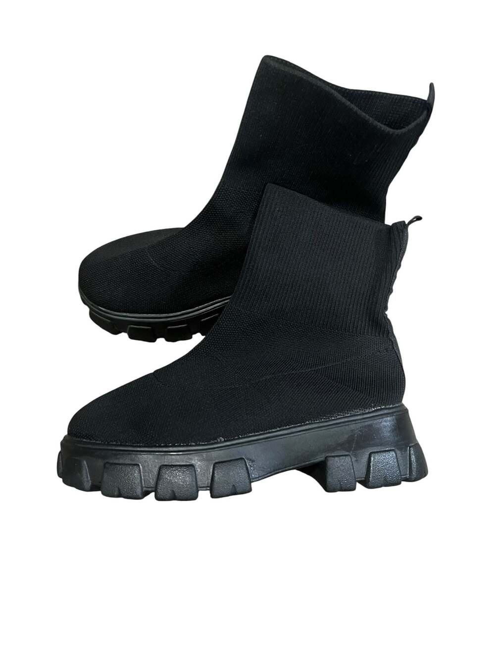 SHEIN Minimalist Black Knit Sock Ankle Boots with Chunky Lug Sole